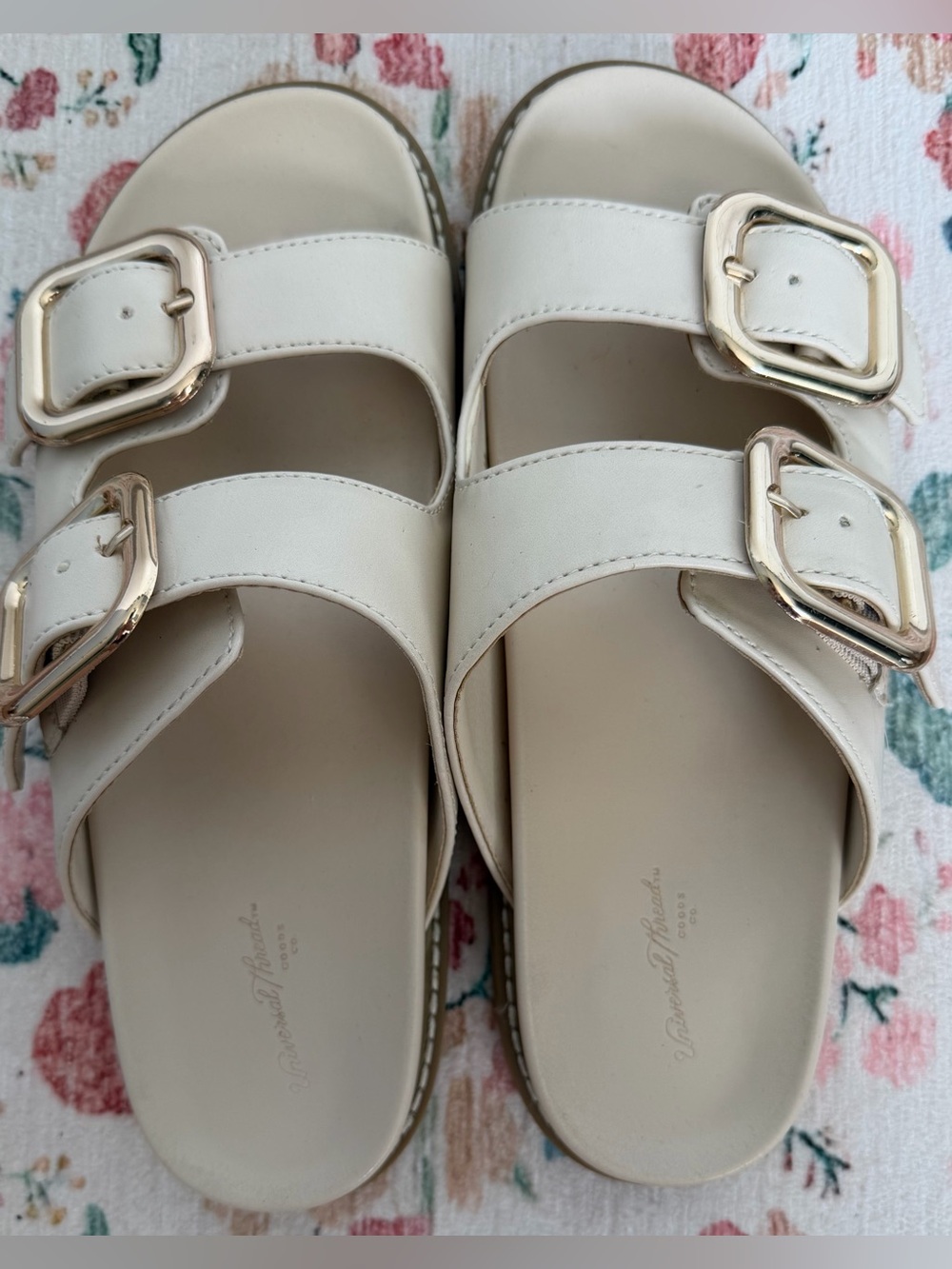 Universal Thread Cream Double-Buckle Slide Sandals with Gold Buckles